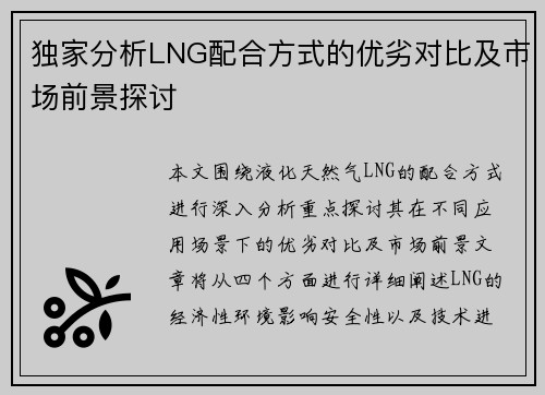 独家分析LNG配合方式的优劣对比及市场前景探讨